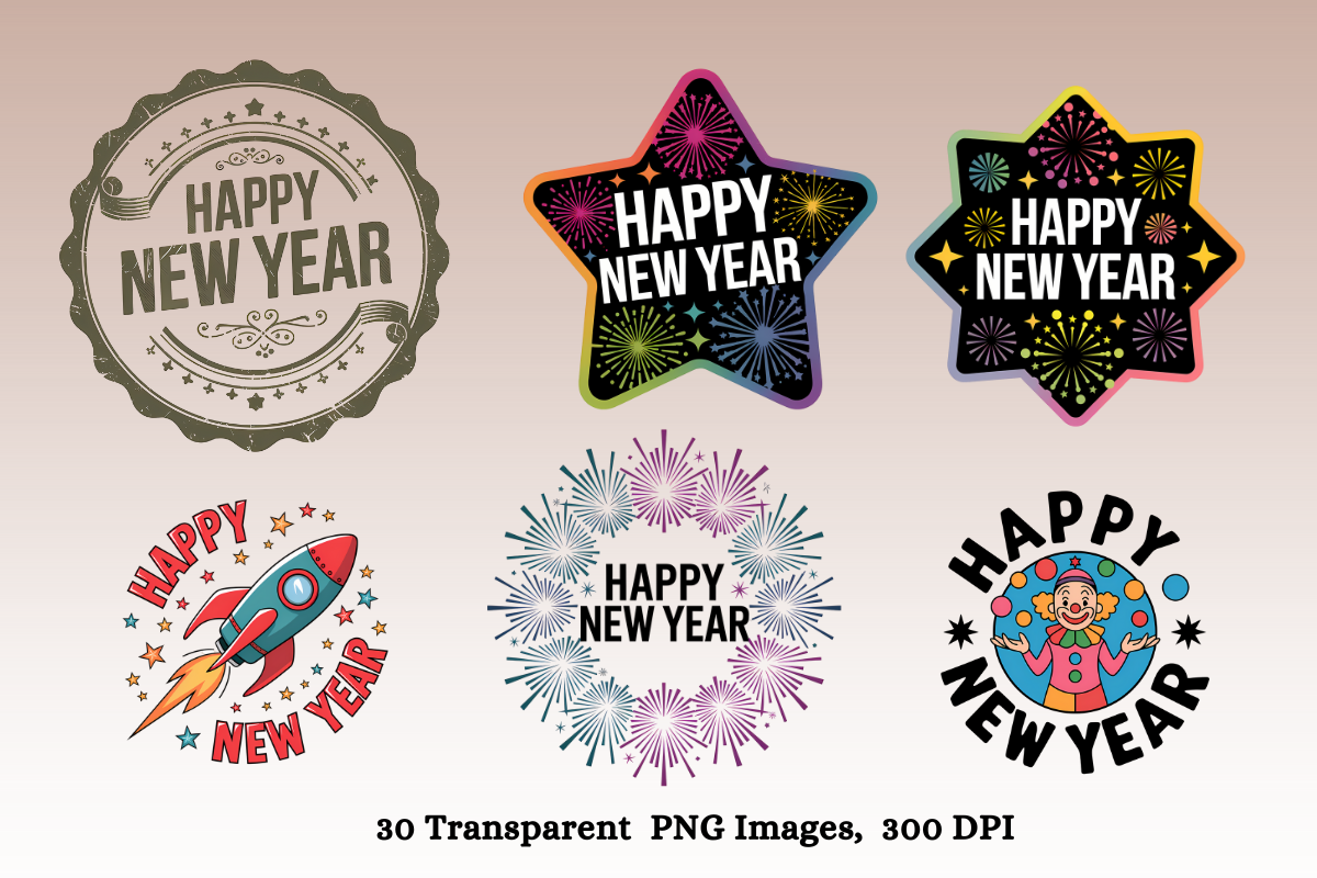 Happy New Year Stamp Designs Transparent PNG Bundle