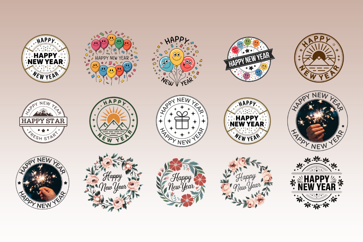 Happy New Year Stamp Designs Transparent PNG Bundle