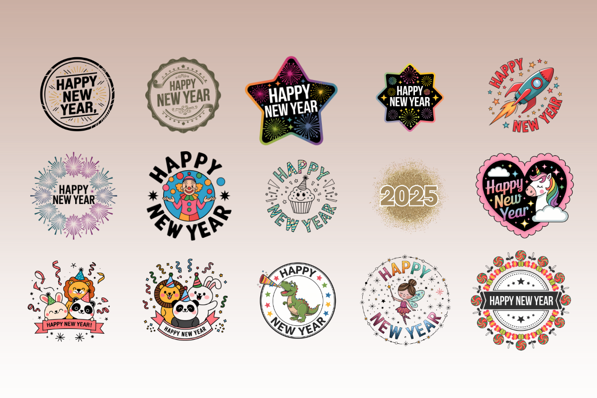 Happy New Year Stamp Designs Transparent PNG Bundle