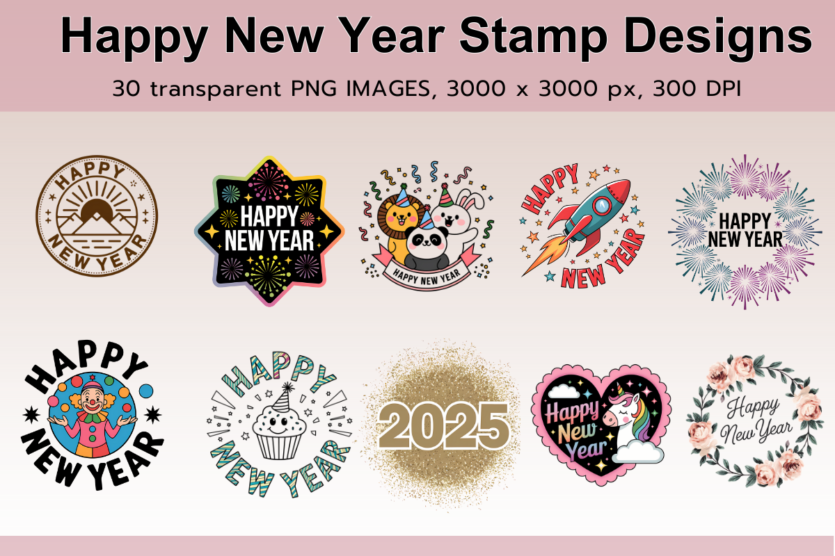 Happy New Year Stamp Designs Transparent PNG Bundle
