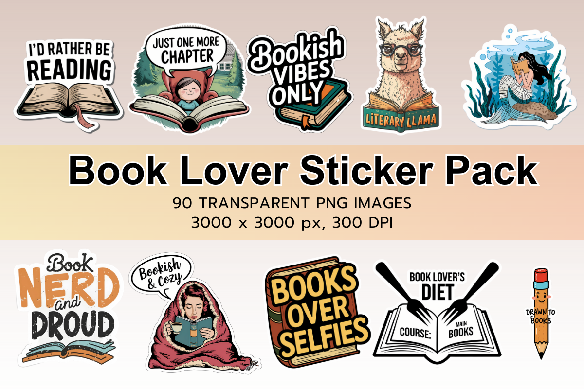 Book Lover Sticker Pack | 90 PNG Stickers | 3000 px, 300 DPI